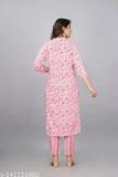 Coral pink rayon contrast print kurti-plazzo set for women, three-quarter sleeves, printed net design, India origin