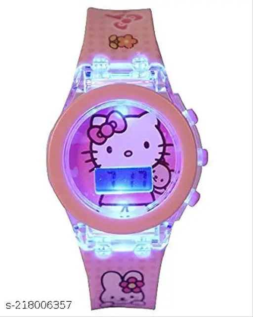A Hello Kitty disco glowing watch with purple straps and a neon green face