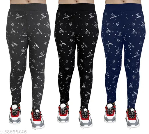 Women's stretchable selfie star print jeggings pack of 3, sizes 26 to 36 (cotton blend), suitable for casual look