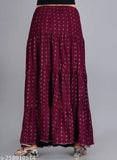 The image shows a long, solid purple skirt with printed details, designed for women