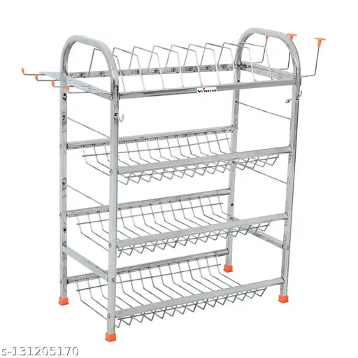 Stainless steel 4-shelf wall mount kitchen utensils rack, with plate and cutlery stand, modular kitchen storage rack, kitchen organizer