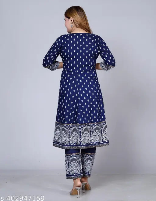 Rayon Anarkali Kurti with Palazzos, Jaipuri block-printed, 3/4 sleeves, India origin