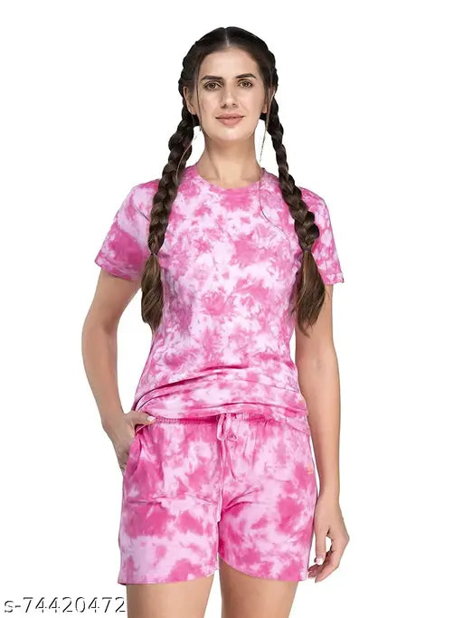 Evolove Women's cotton all-over print tie dyed shorts set, 100% cotton, round neck half sleeve tops with tapered leg and elastic waistband, easy-to-wear nightwear staples with side pockets and easy-care finish