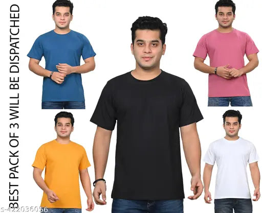 Traditional round neck, cotton rich half sleeves t-shirts for men - Pack of 3 (India)