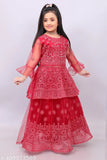 Stunning embroidered Lehanga Choli in net fabric with floral stitch and long sleeves, fully stitched mirror work for 5-10 year old girls, Indian wedding and festive wear