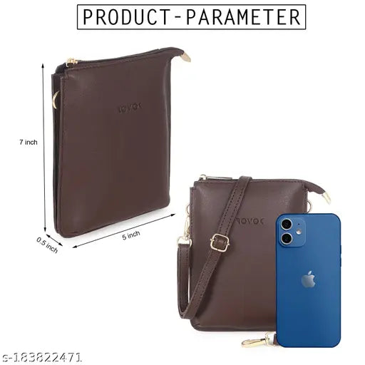 Sleek black leather sling pouch, with phone case and strap, designed for Apple devices
