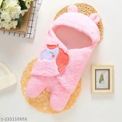 Pink microfiber hooded baby blanket by Aakriti. Ultra-soft, trendy, and safe for infants, free size (75in x 68in)