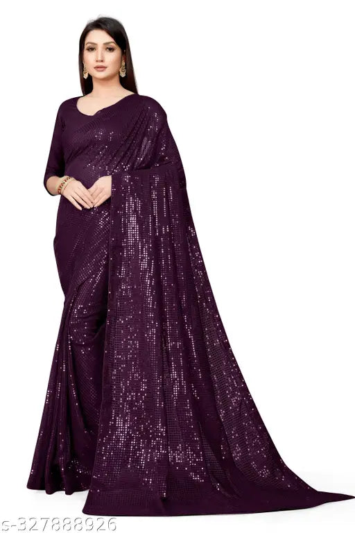 Dark purple georgette sequence saree with attached blouse