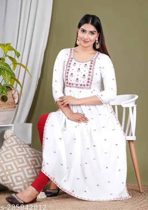 Rayon Naira cut embroidered kurta, three-quarter sleeves, printed pattern by Priya fashion for women's parties in India