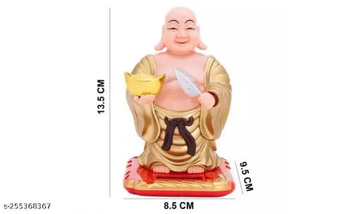 Gold Laughing Buddha idol with ingot, waving fan, and moving head, symbolizing health, wealth, and prosperity