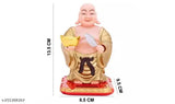 Gold Laughing Buddha idol with ingot, waving fan, and moving head, symbolizing health, wealth, and prosperity