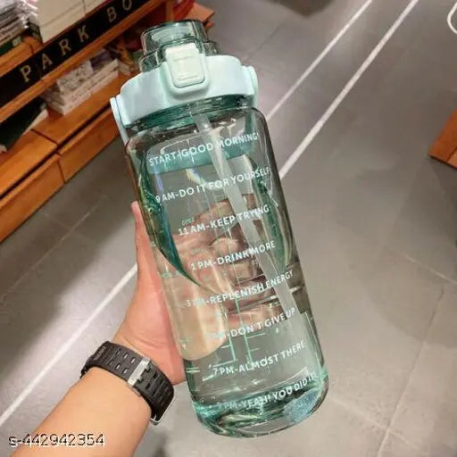 2 L Capacity Water Bottle Belt Straw Transparent bottle 2000 ml Bottle 3D Stickers for GYM, Yoga, Office, Sports (Multicolor Pack of 1) (Transparent bottle)