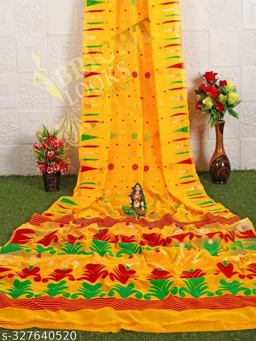 Trending yellow spun Jamdani cotton saree, soft and lightweight, jequarard design, Indian handloom