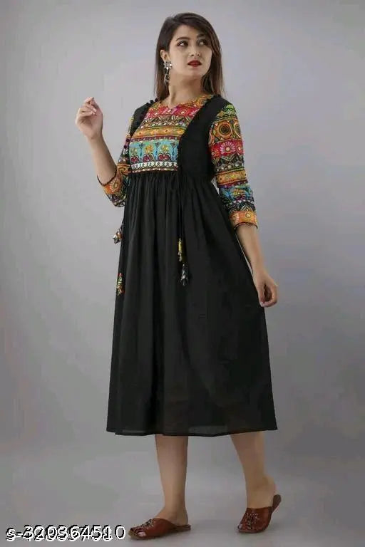 Lightweight printed rayon Anarkali kurti, three-quarter sleeves, ideal for casual wear & events. XL size (bust 46in). Fashionable outfit for weekend get-togethers