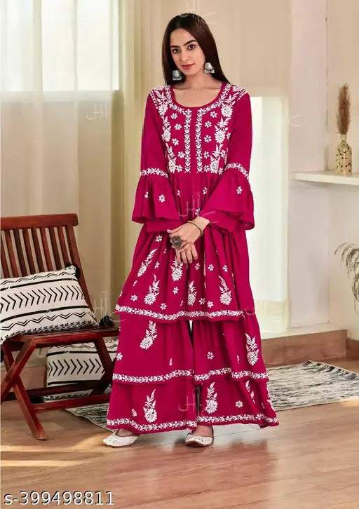 Woman's heavy rayon garara set, Chikankari design