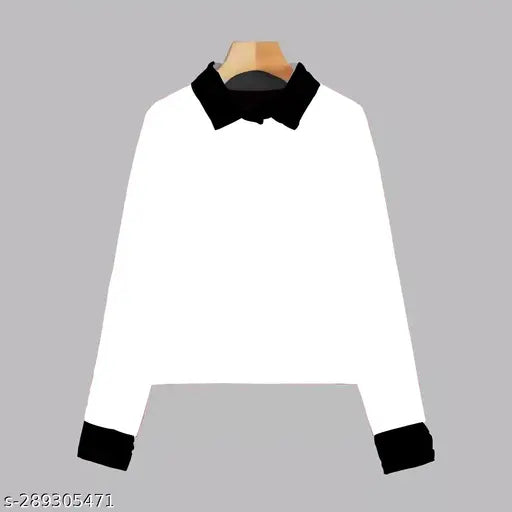 Women's solid white cotton blend long sleeves, collared t-shirt from Justapose, India