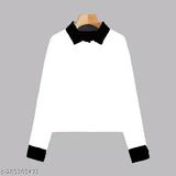Women's solid white cotton blend long sleeves, collared t-shirt from Justapose, India