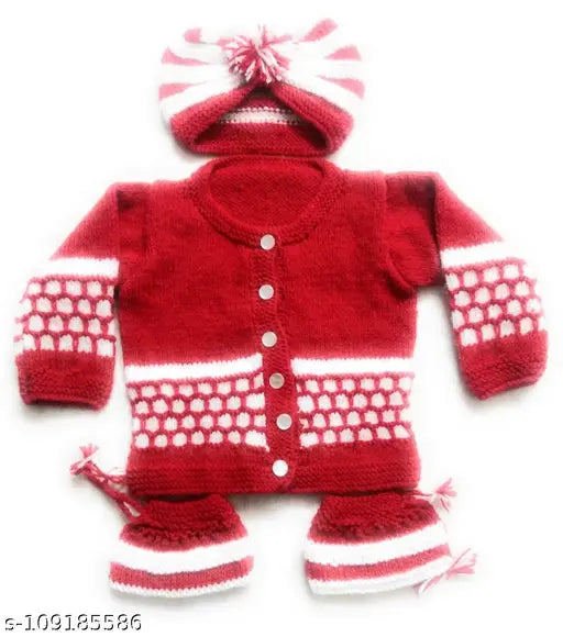 Handmade red & white unisex woolen sweater set (3 pcs) for 0-6 months baby, embroidered net design, perfect for winter/semi winter