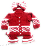 Handmade red & white unisex woolen sweater set (3 pcs) for 0-6 months baby, embroidered net design, perfect for winter/semi winter