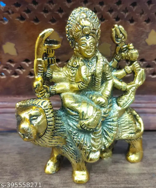 Gold metal Durga Maa Idol Statue Sherawali Ambe MATA Murti for Puja without base, decorative showpiece (L10cm x B8cm x H11cm)