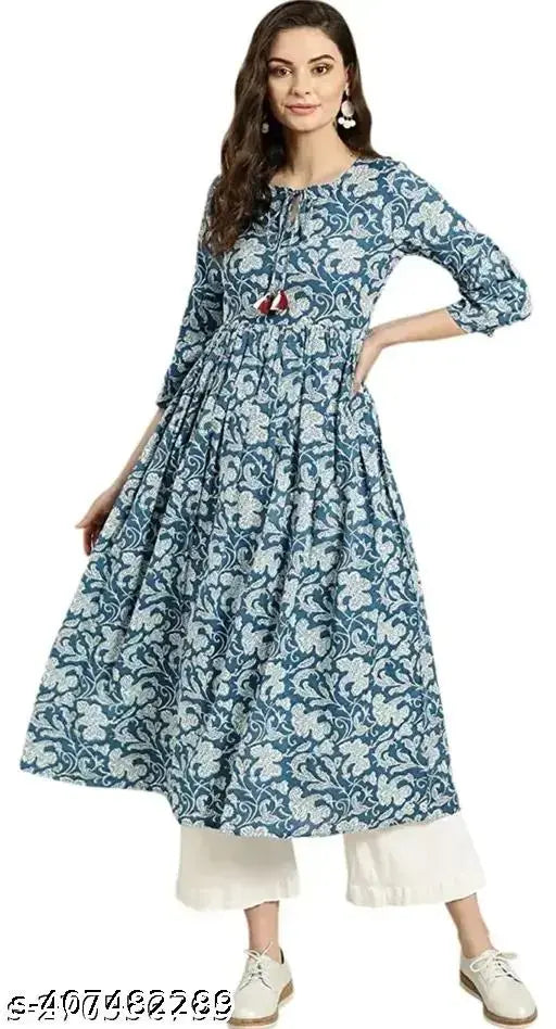 Cotton Cambric print net kurta set with rayon palazzos, three-quarter sleeves - Indian ethnic wear (single size: XS-XXL)