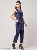 Navy Blue Poly Crepe Printed Net Trendy Women's Jumpsuit, suitable for casual occasions