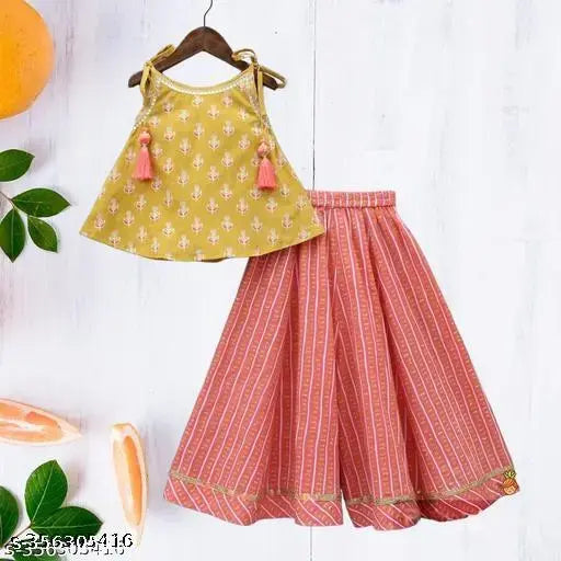 Girls cotton sleeveless top kurta with net dupatta and palazzo pant ethnic clothing set, vibrant print design, 9-10 years size