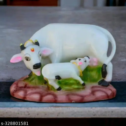 White resin Kamdhenu Cow & Calf Statue for Diwali decor, handmade Afghan artisan-crafted
