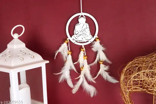 White Buddha dream catcher emblem, handcrafted car hanging wall decor for positive vibes (20x8cm), made in India by artisans at BS AMOR