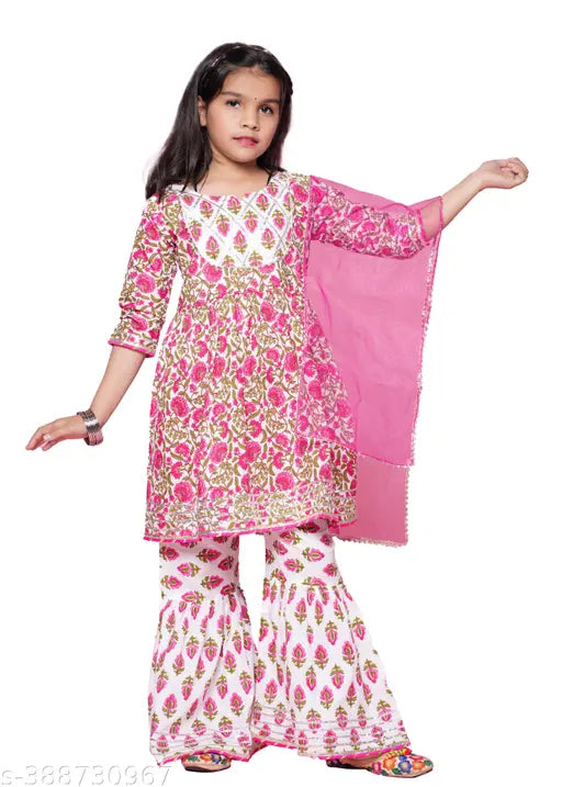 Pink cotton sharara with dupatta, traditional Indian girls' outfit for ages 3-13 years