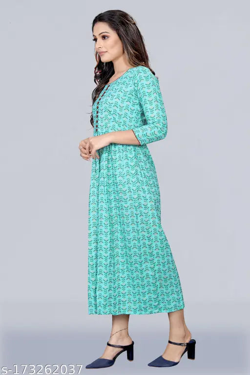 Rayon foil printed Chunnat Ghera Kurti, three-quarter sleeves, Indian designer gown kurta. On hanger." (123 characters)