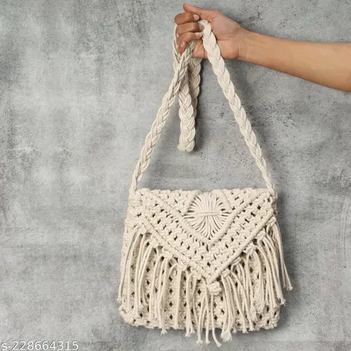 White and beige handwoven tasseled clutch with fringe detail, woven shoulder bag