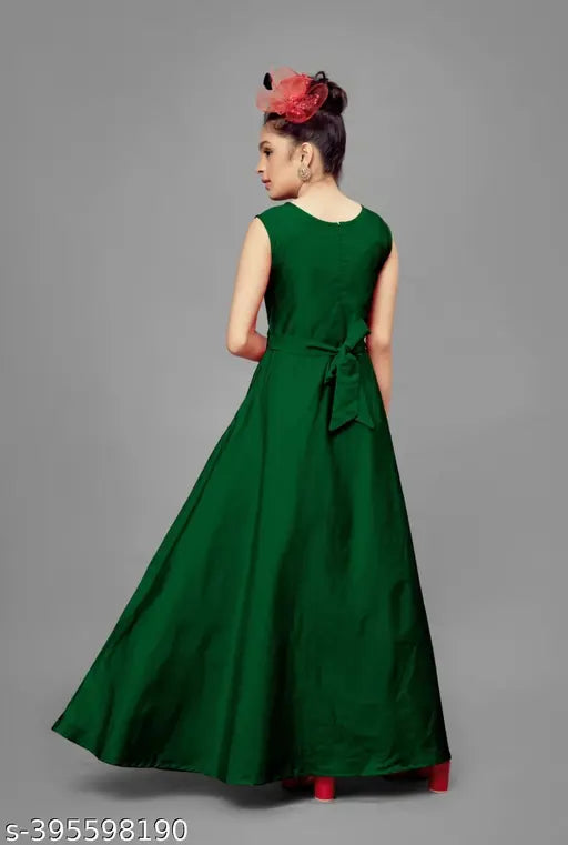 Green solid ethnic gown for kids, bold Born Kids design, sleeveless and vibrant in shades of green