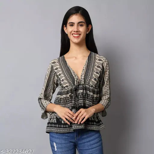 Black paisley print Georgette women's empire top, three-quarter sleeves by The Seamsters Crew