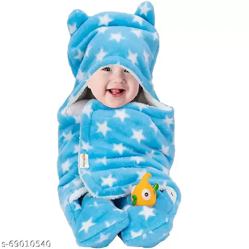 Star Blue OYO BABY hooded fleece sleeping bag/blanket (76cm x 70cm, 0-6 months) - ideal for winter use and travel. Soft, durable, and lightweight, perfect for newborns and toddlers