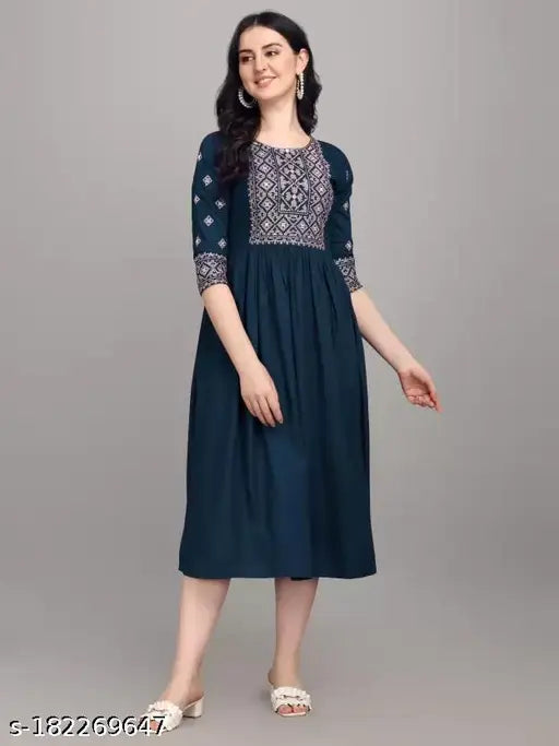 Blue Viscose Reyon Anarkali kurti, embroidered round neck, three-quarter sleeves. Stylish and fashionable women's wear from India