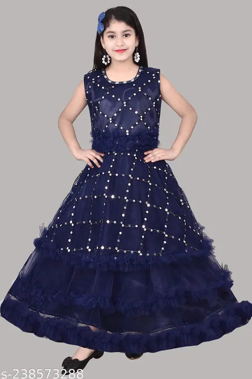 Navy blue satin ball gown with flared skirt and ruffled hem