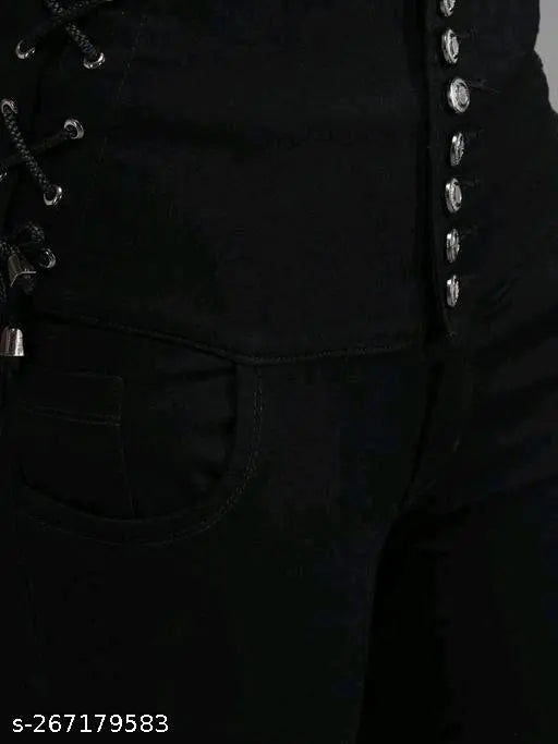 Black denim jeans, high-waist rise, stretchable slim fit with 8 buttons and zip fly, ideal for casual occasions