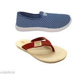 Blue white mesh sneakers and cream slipper combo, lightweight foot-friendly women's casual shoes & slippers in printed design, pack of 2 from India