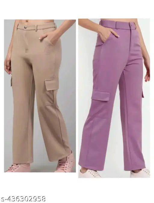 Women's beige Lycra slimfit cargo pants with adjustable waist and functional pockets