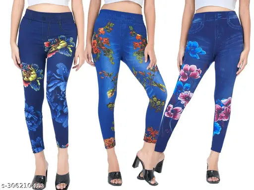 Cotton blend women's & girls flower print jeggings pack of 3, featuring sizes 26, 28, 30, 32. Made in India