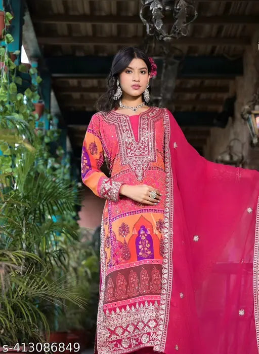 Affordable designer heavy faux georgette suit with sequined work, long length, sleeveless design