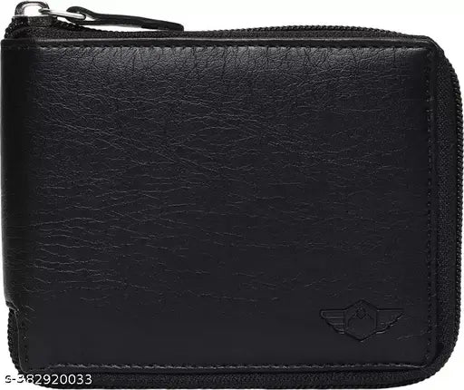 Black faux-leather wallet with 4 card slots, ethically sourced genuine leather, RFID blocking technology, 2 compartments, free size (11cm x 9cm), zip fastening, coin pocket, slip pocket for receipts, and note section. Genuine leather wallet from ILEX ENTERPRISES, India
