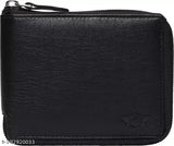 Black faux-leather wallet with 4 card slots, ethically sourced genuine leather, RFID blocking technology, 2 compartments, free size (11cm x 9cm), zip fastening, coin pocket, slip pocket for receipts, and note section. Genuine leather wallet from ILEX ENTERPRISES, India