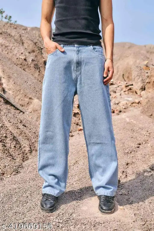 Sky blue denim jeans with aesthetic cross straight fit and baggy style, size 28 (waist 28in, length 40in, hip 39in)