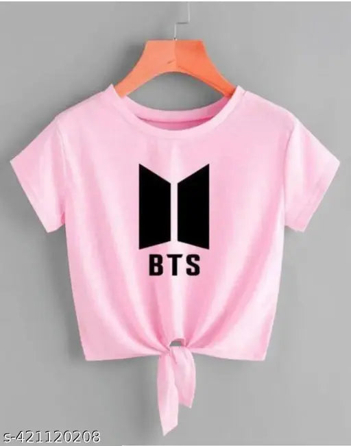 Pink Lycra crop top & t-shirt with BTS print for women, short sleeves