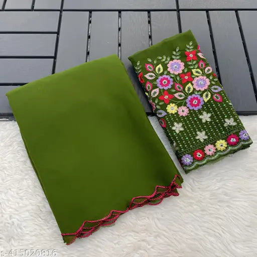 Green satin fabric with floral trim, likely for a dupatta