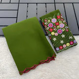 Green satin fabric with floral trim, likely for a dupatta