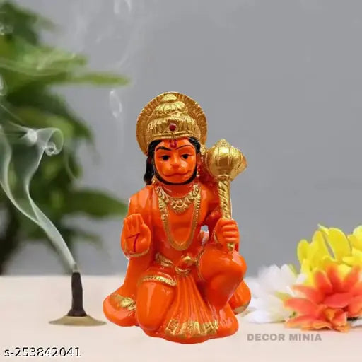 Marble dust orange Hanuman Ji idol, small 3-inch poly resin figurine for home pooja or car dashboard