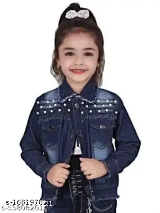Dark blue denim long sleeve jacket for kids (ages 4-11), dyed/washed pattern. Made in India